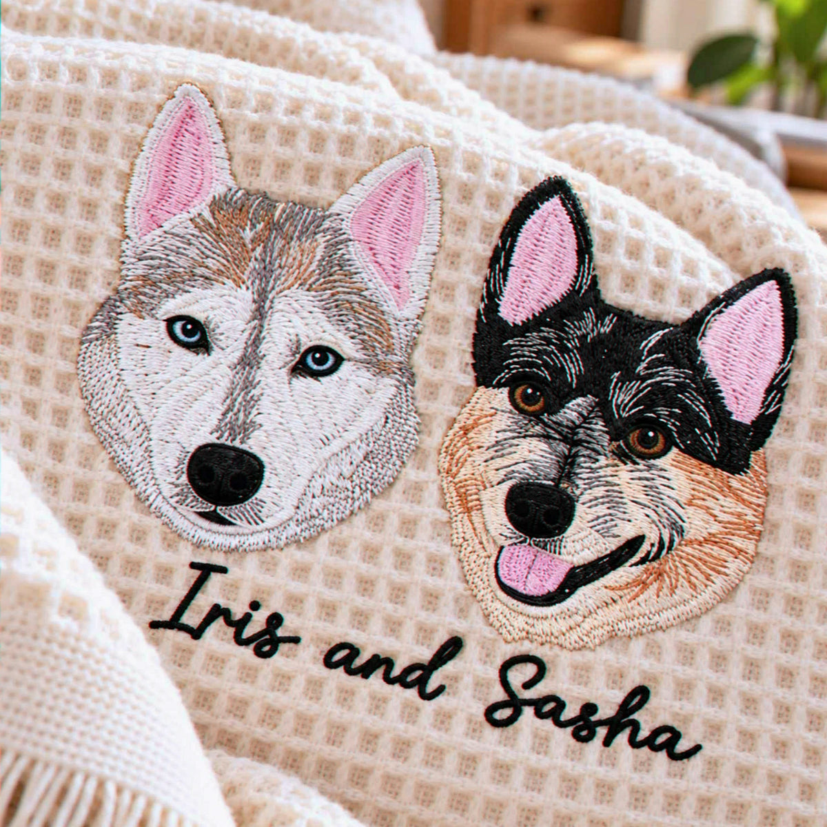 Custom Pet Photo Blanket with Name, Embroidered Dog Portrait Waffle Throw Blanket, Christmas Gift for Dog Mom
