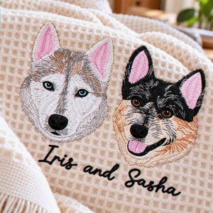 Custom Pet Photo Blanket with Name, Embroidered Dog Portrait Waffle Throw Blanket, Christmas Gift for Dog Mom