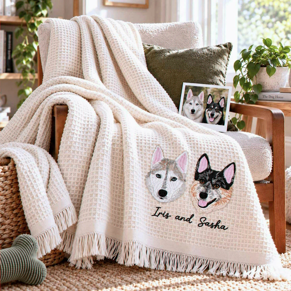 Custom Pet Photo Blanket with Name, Embroidered Dog Portrait Waffle Throw Blanket, Christmas Gift for Dog Mom
