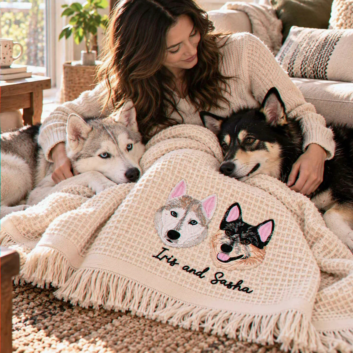 Custom Pet Photo Blanket with Name, Embroidered Dog Portrait Waffle Throw Blanket, Christmas Gift for Dog Mom