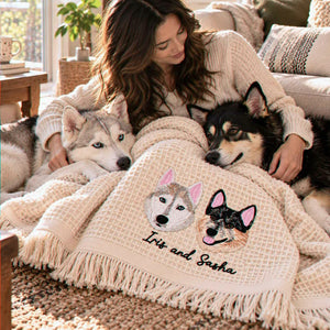 Custom Pet Photo Blanket with Name, Embroidered Dog Portrait Waffle Throw Blanket, Christmas Gift for Dog Mom