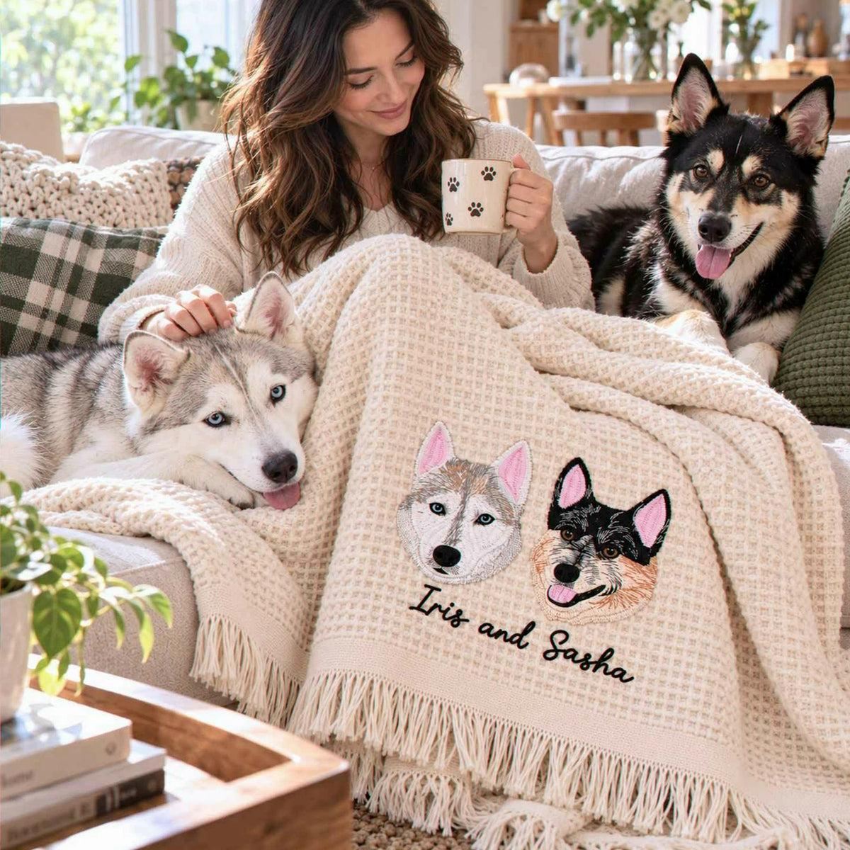 Custom Pet Photo Blanket with Name, Embroidered Dog Portrait Waffle Throw Blanket, Christmas Gift for Dog Mom
