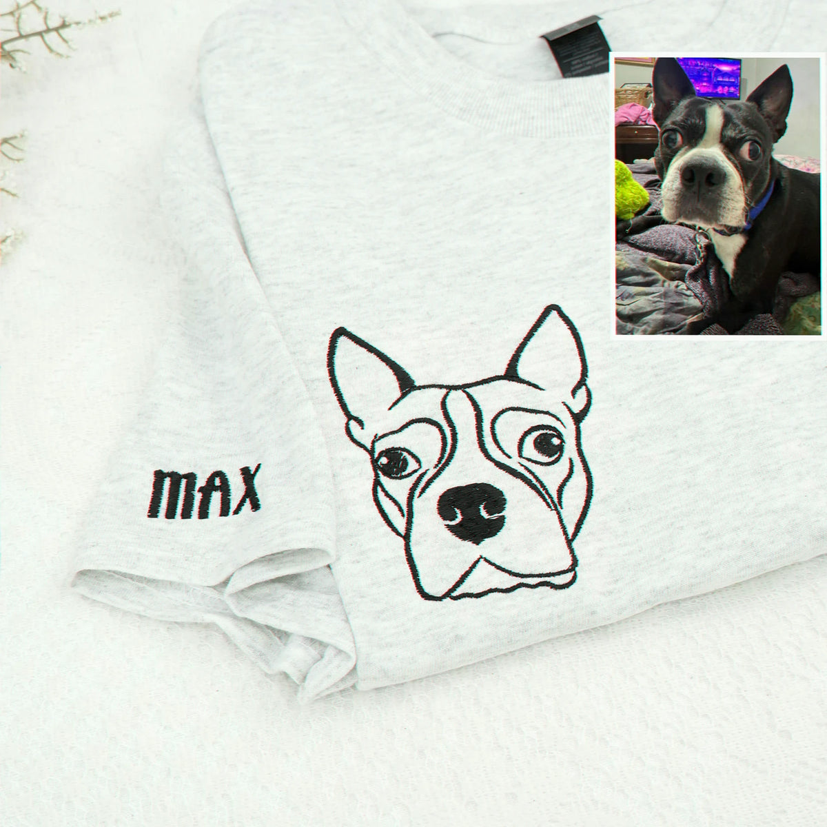 Custom Dog Outline T-Shirt for Birthday Dad - Minimalist Embroidered Pet Photo Tee & Name - Gift for Him