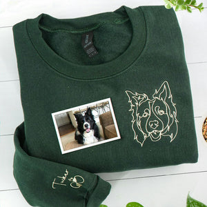 Custom Dog Outline Sweatshirt for Birthday Grandpa - Minimalist Embroidered Pet Photo Crewneck & Name - Gift for Him