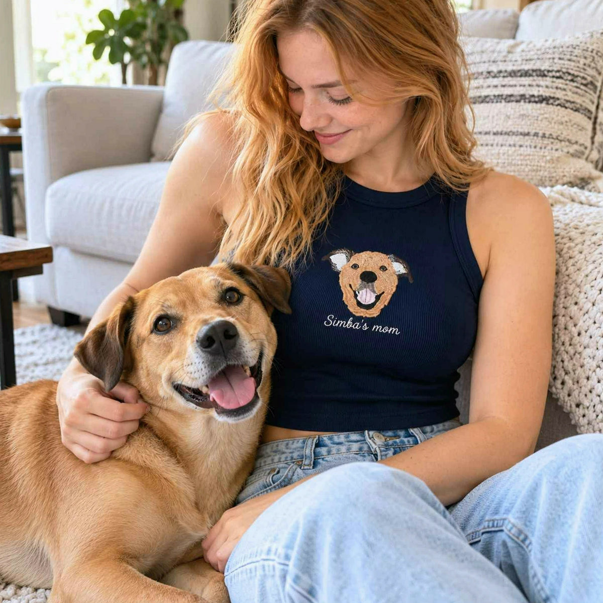 Custom Dog Mom Tank Top, Embroidered Dog Portrait from Photo Tank for Birthday Dog Mom, Pet Lover Gift