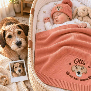 Custom Guardian Dog Baby Blanket, Embroidered Pet Photo Throw, Dog Sibling Baby Shower Gift