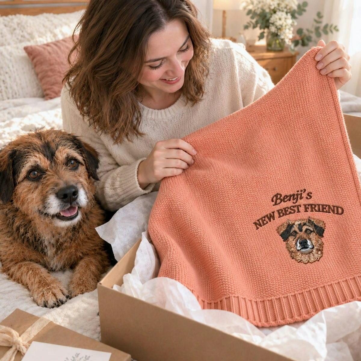 Custom New Best Friend Dog Baby Blanket, Embroidered Dog Portrait Knit Throw, First Grandbaby Gift with Dog