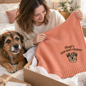 Custom New Best Friend Dog Baby Blanket, Embroidered Dog Portrait Knit Throw, First Grandbaby Gift with Dog