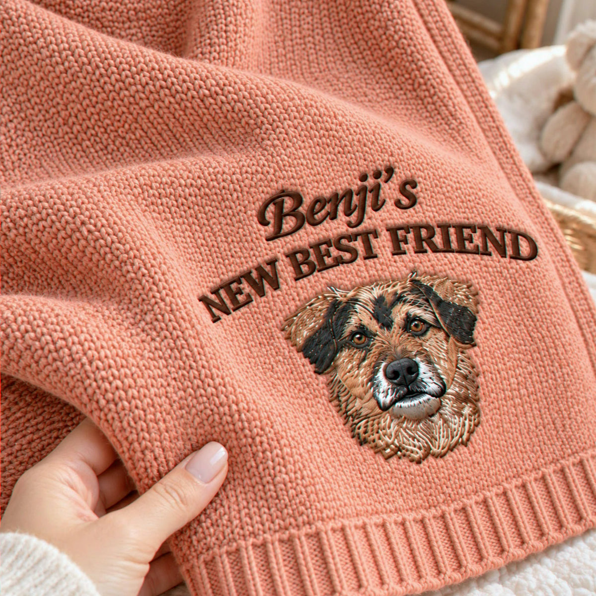 Custom New Best Friend Dog Baby Blanket, Embroidered Dog Portrait Knit Throw, First Grandbaby Gift with Dog