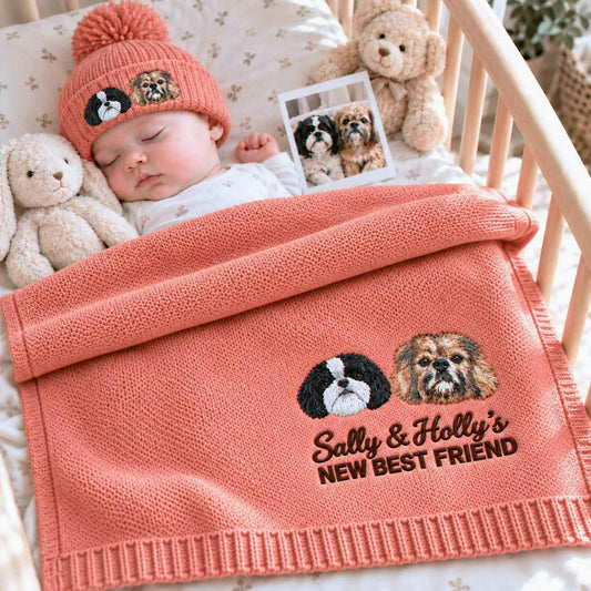 Custom embroidered dog portrait baby blanket and beanie set, personalized knit baby gift for newborn or baby shower.