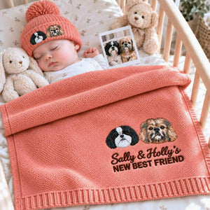 Custom embroidered dog portrait baby blanket and beanie set, personalized knit baby gift for newborn or baby shower.