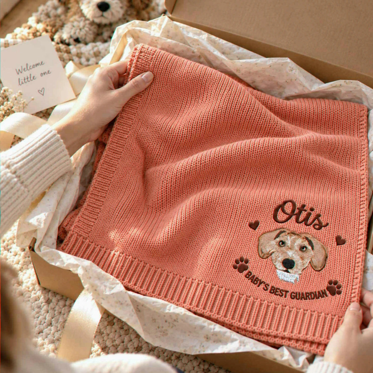 Custom Guardian Dog Baby Blanket, Embroidered Pet Photo Throw, Dog Sibling Baby Shower Gift