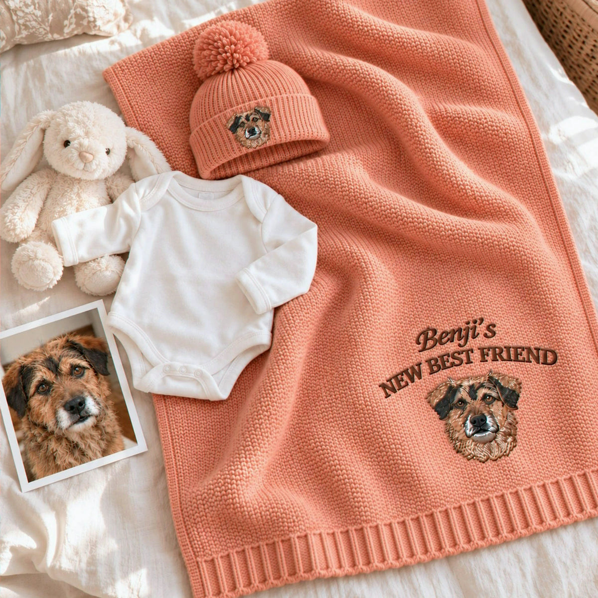 Custom New Best Friend Dog Baby Blanket, Embroidered Dog Portrait Knit Throw, First Grandbaby Gift with Dog
