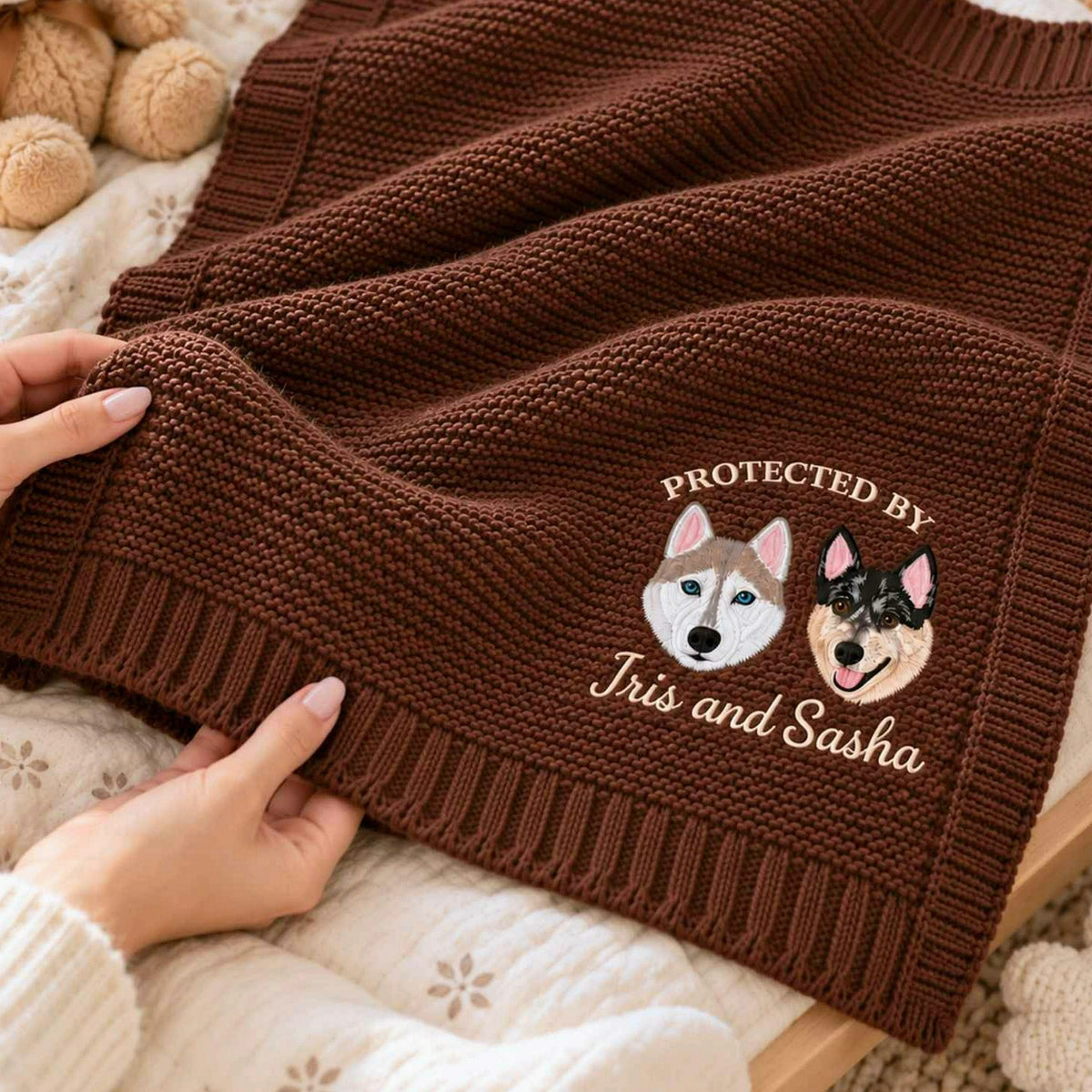 Custom Protected By Dog Baby Blanket, Embroidered Pet Pregnancy Announcement Blanket, Newborn Christmas Gift