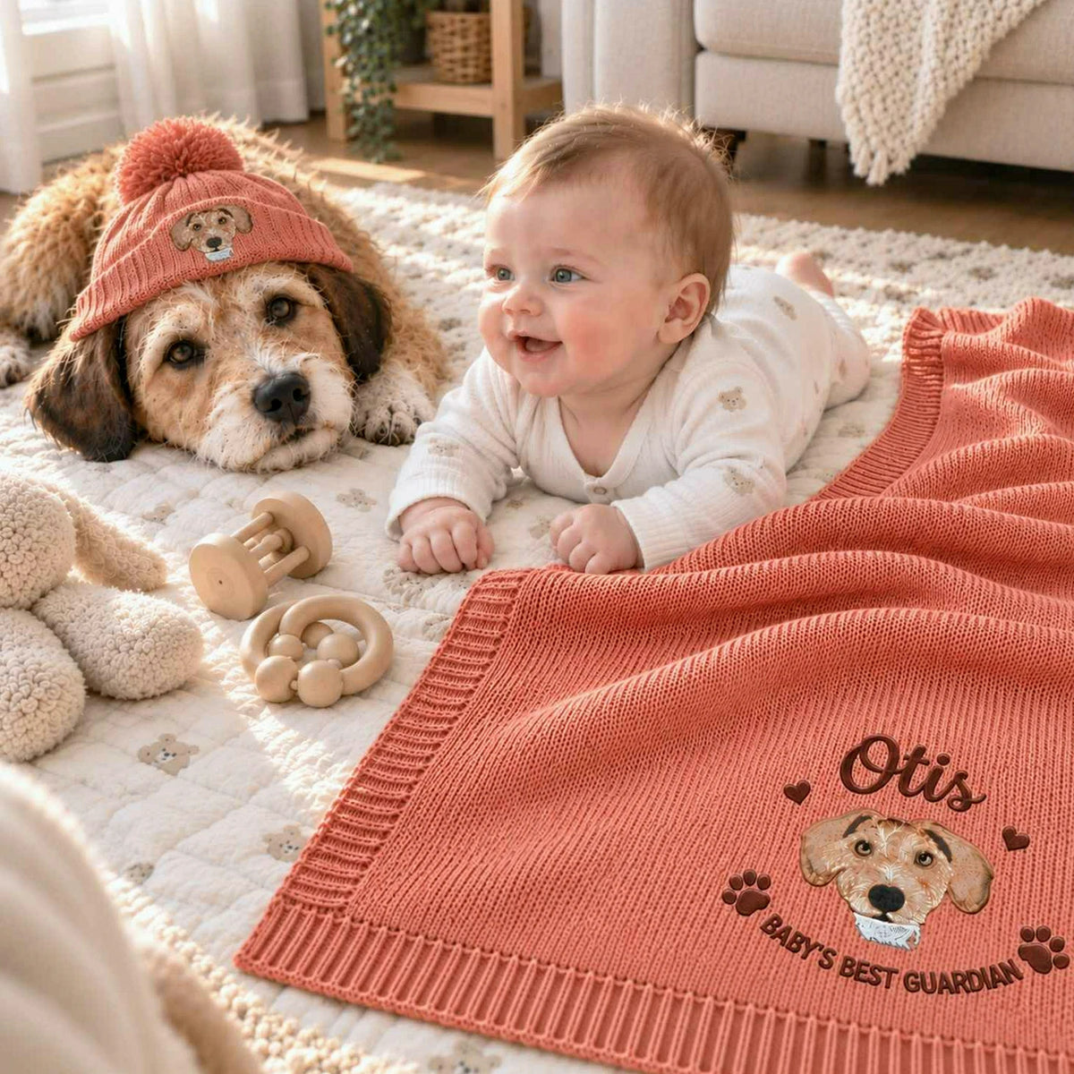 Custom Guardian Dog Baby Blanket, Embroidered Pet Photo Throw, Dog Sibling Baby Shower Gift