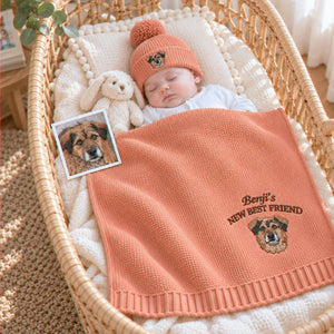 Custom New Best Friend Dog Baby Blanket, Embroidered Dog Portrait Knit Throw, First Grandbaby Gift with Dog