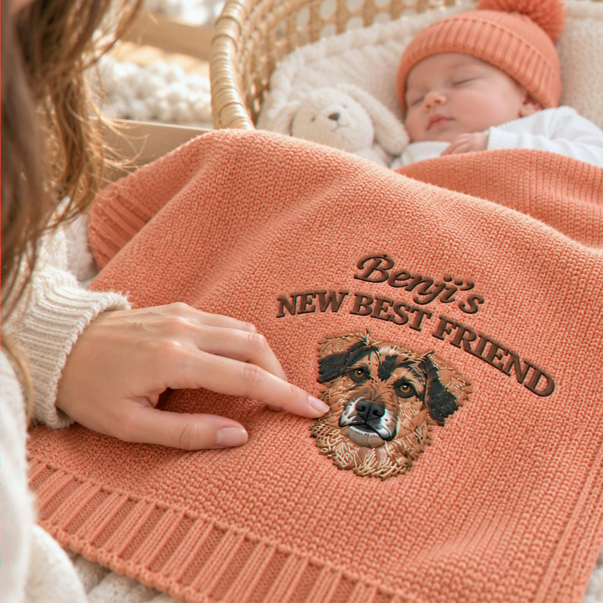 Custom New Best Friend Dog Baby Blanket, Embroidered Dog Portrait Knit Throw, First Grandbaby Gift with Dog