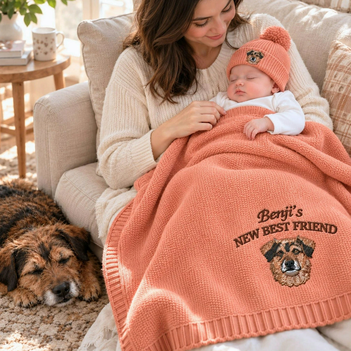 Custom New Best Friend Dog Baby Blanket, Embroidered Dog Portrait Knit Throw, First Grandbaby Gift with Dog