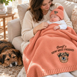 Custom New Best Friend Dog Baby Blanket, Embroidered Dog Portrait Knit Throw, First Grandbaby Gift with Dog