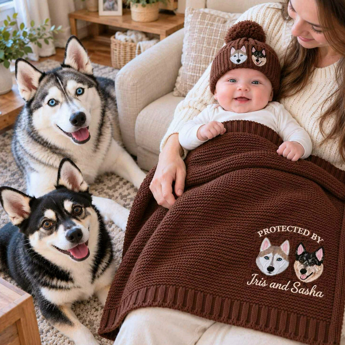 Custom Protected By Dog Baby Blanket, Embroidered Pet Pregnancy Announcement Blanket, Newborn Christmas Gift