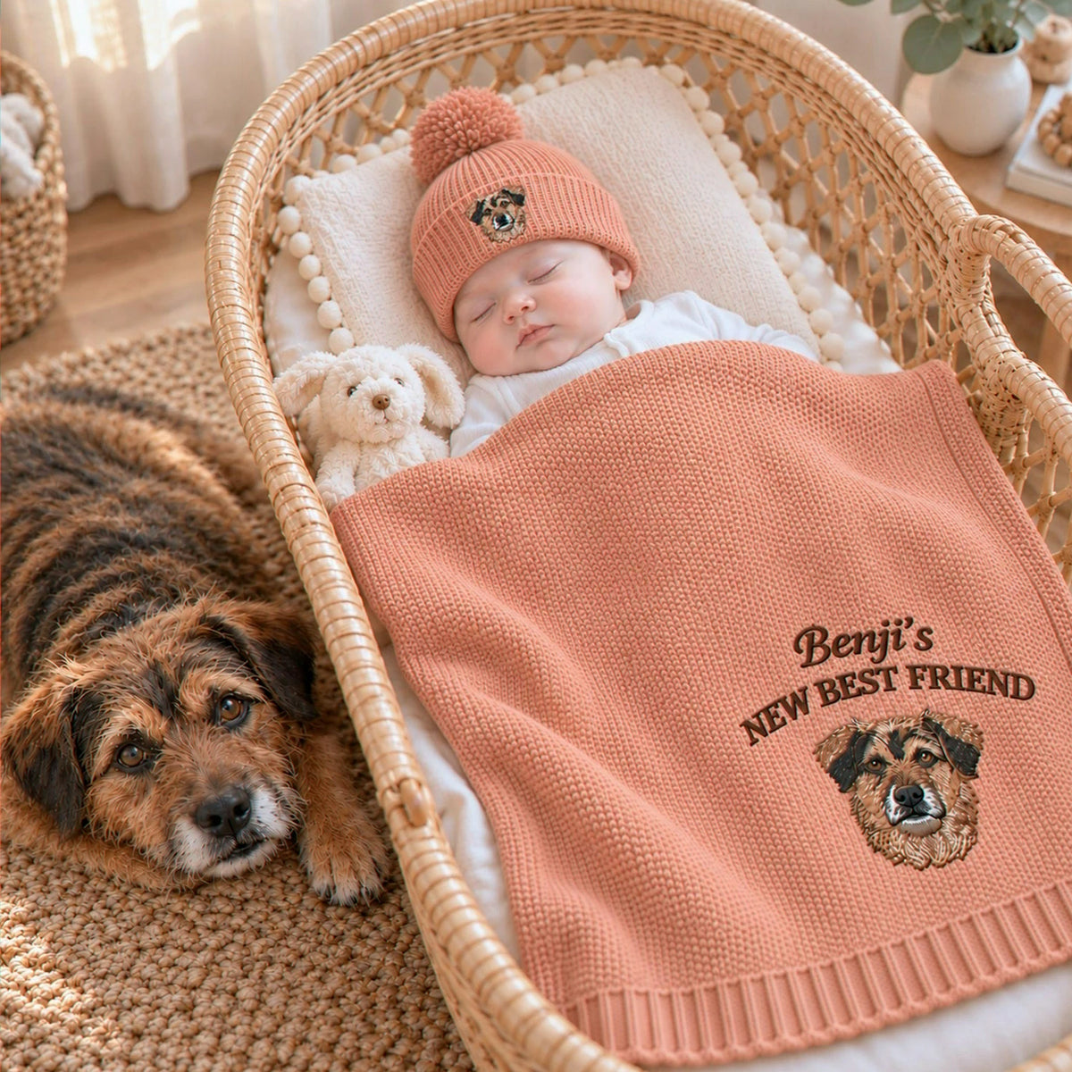 Sleeping newborn in a wicker bassinet under a peach knit blanket embroidered with a dog portrait, a personalized baby shower gift for dog-loving families.
