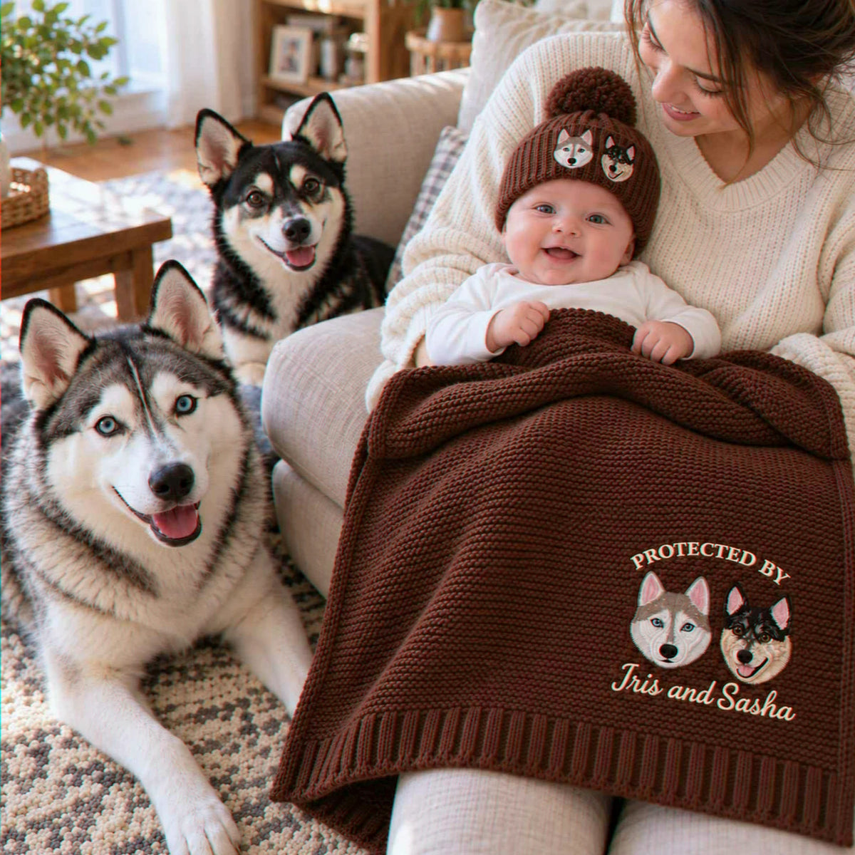 Custom Protected By Dog Baby Blanket, Embroidered Pet Pregnancy Announcement Blanket, Newborn Christmas Gift