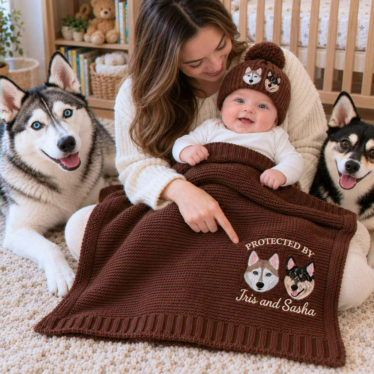 Custom Protected By Dog Baby Blanket, Embroidered Pet Pregnancy Announcement Blanket, Newborn Christmas Gift