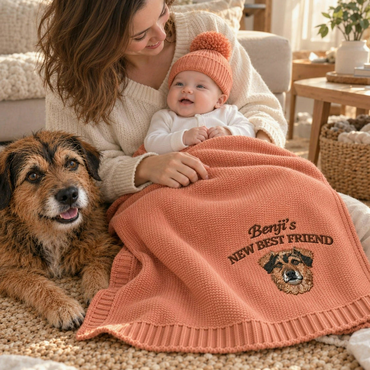 Custom New Best Friend Dog Baby Blanket, Embroidered Dog Portrait Knit Throw, First Grandbaby Gift with Dog