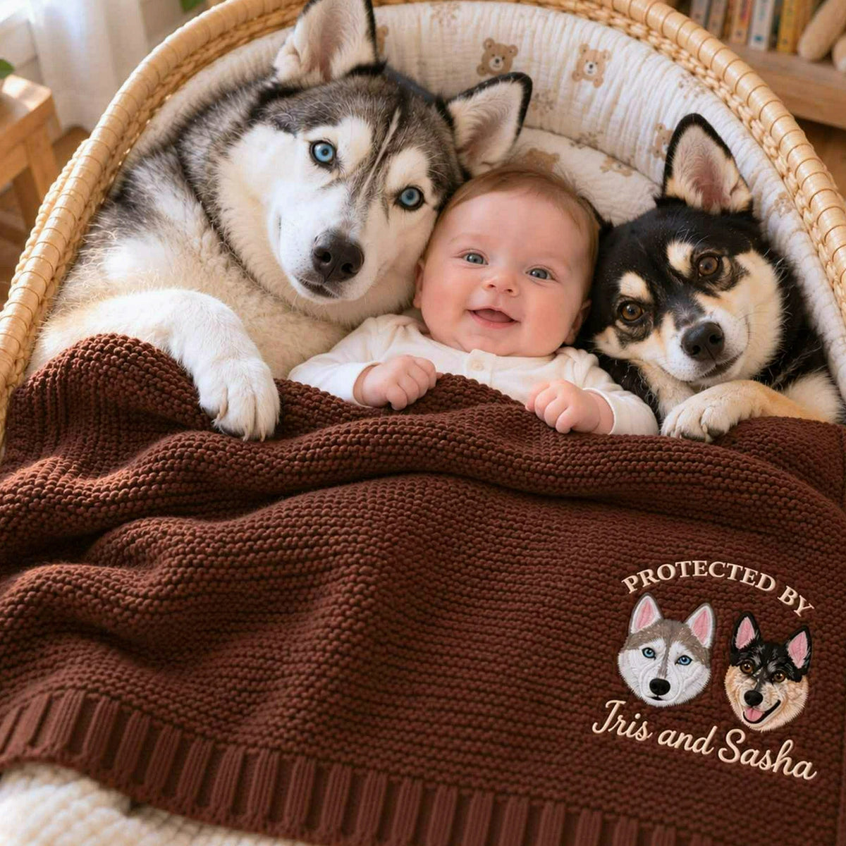 Smiling baby beside two dogs under a brown knit blanket embroidered with their portraits, a personalized baby shower gift for dog-loving families.