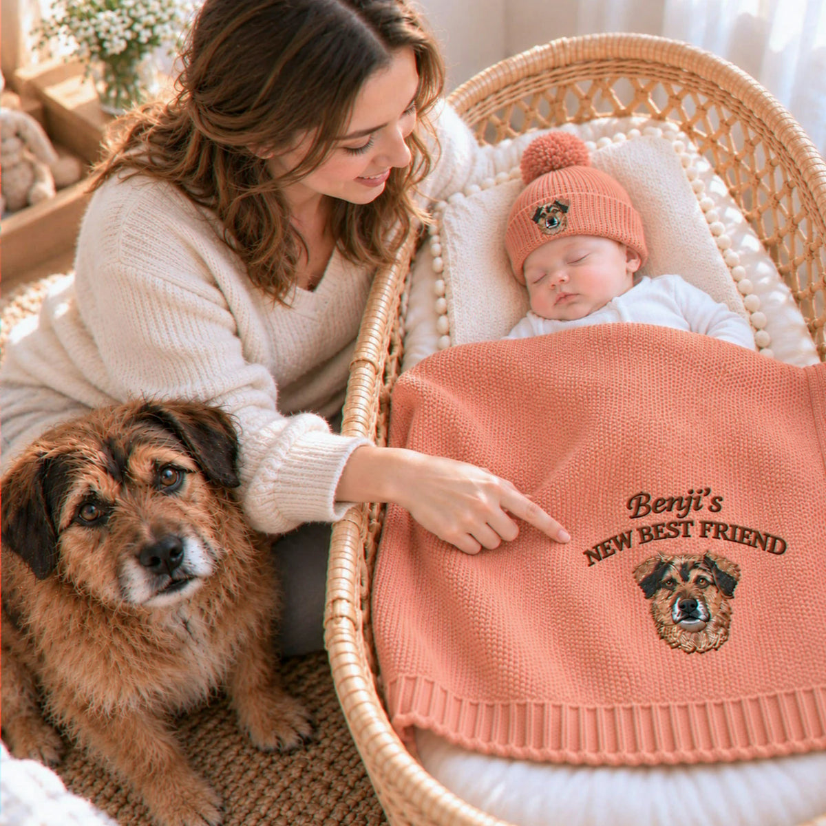 Custom New Best Friend Dog Baby Blanket, Embroidered Dog Portrait Knit Throw, First Grandbaby Gift with Dog