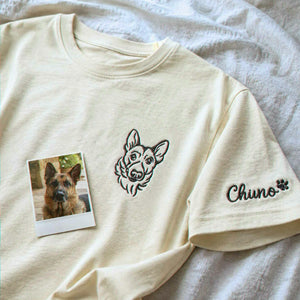 Custom Dog Outline T-shirt for Birthday Son - Minimalist Embroidered Pet Photo Tee & Name - Gift for Him