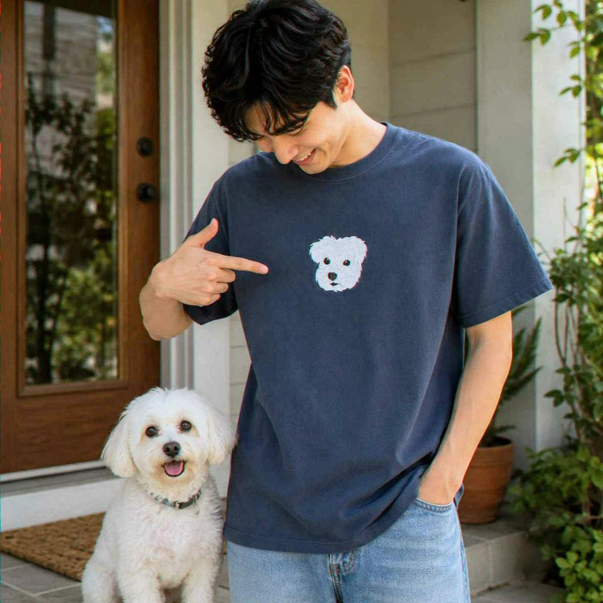 Custom Dog Portrait T-shirt for Birthday Son - Embroidered Pet Photo Tee & Name - Gift for Him