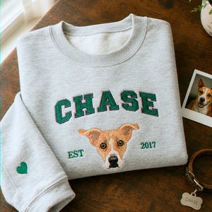 Custom Dog Memorial Sweatshirt for Son - Embroidered Pet Photo Portrait Crewneck & Name - Dog Loss Sympathy Gift for Him