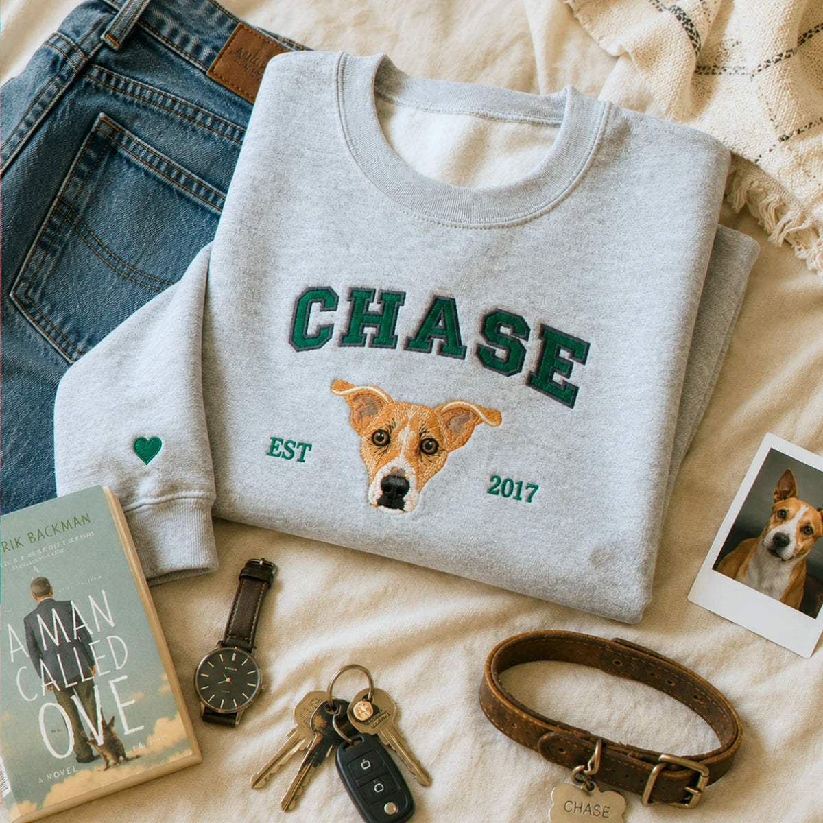 Custom Dog Memorial Sweatshirt for Son - Embroidered Pet Photo Portrait Crewneck & Name - Dog Loss Sympathy Gift for Him