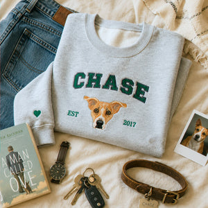 Custom Dog Memorial Sweatshirt for Son - Embroidered Pet Photo Portrait Crewneck & Name - Dog Loss Sympathy Gift for Him
