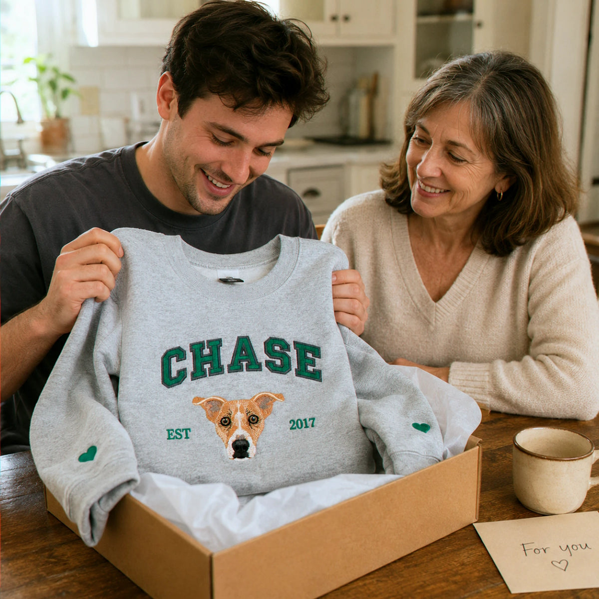 Custom Dog Memorial Sweatshirt for Son - Embroidered Pet Photo Portrait Crewneck & Name - Dog Loss Sympathy Gift for Him