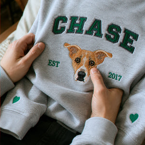 Custom Dog Memorial Sweatshirt for Son - Embroidered Pet Photo Portrait Crewneck & Name - Dog Loss Sympathy Gift for Him