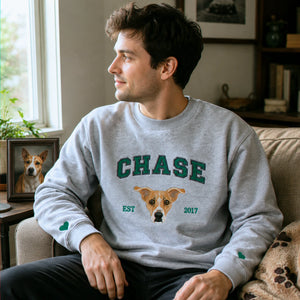 Custom Dog Memorial Sweatshirt for Son - Embroidered Pet Photo Portrait Crewneck & Name - Dog Loss Sympathy Gift for Him