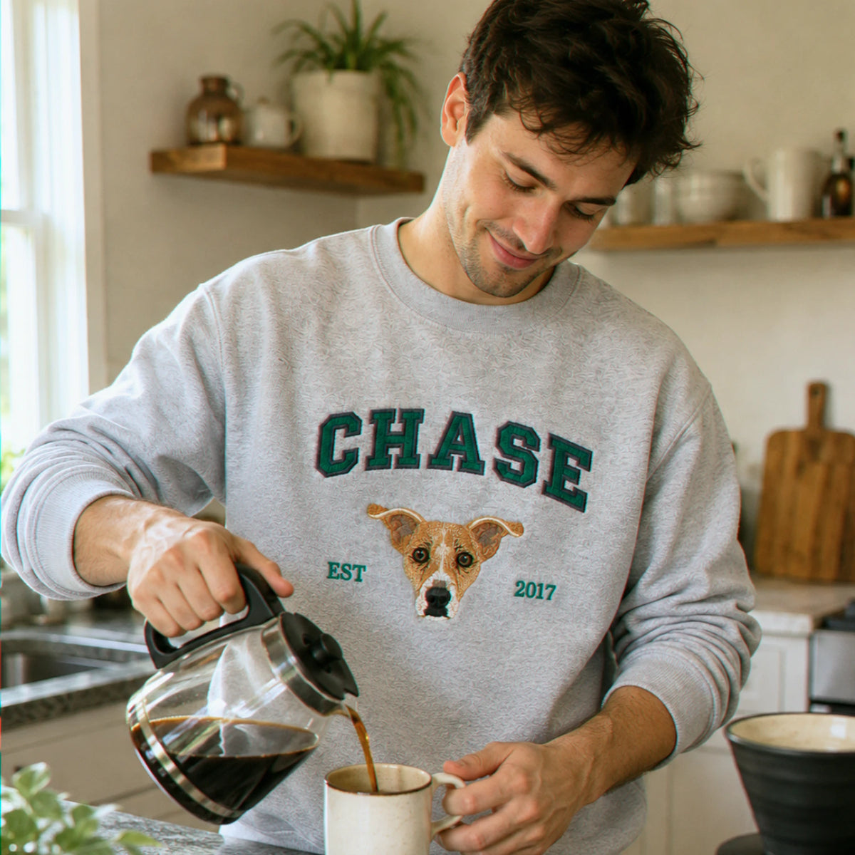 Custom Dog Memorial Sweatshirt for Son - Embroidered Pet Photo Portrait Crewneck & Name - Dog Loss Sympathy Gift for Him