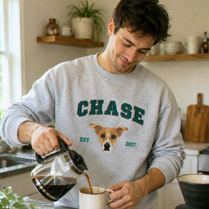 Custom Dog Memorial Sweatshirt for Son - Embroidered Pet Photo Portrait Crewneck & Name - Dog Loss Sympathy Gift for Him