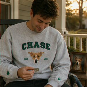 Custom Dog Memorial Sweatshirt for Son - Embroidered Pet Photo Portrait Crewneck & Name - Dog Loss Sympathy Gift for Him