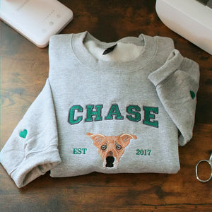 Custom Dog Memorial Sweatshirt for Son - Embroidered Pet Photo Portrait Crewneck & Name - Dog Loss Sympathy Gift for Him