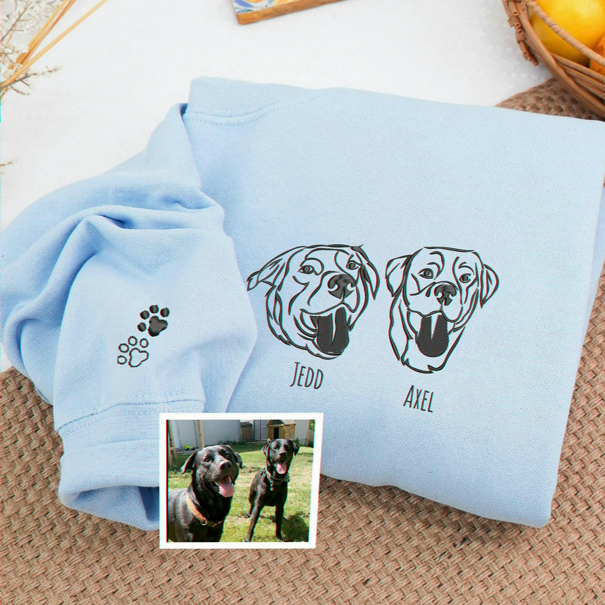 Custom Light Blue Dog Embroidered Portrait from Photo Sweatshirt, Gift for Dog Dad