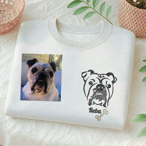 Custom Dog Outline Sweatshirt for Birthday Son - Minimalist Embroidered Pet Photo Crewneck & Name - Gift for Him