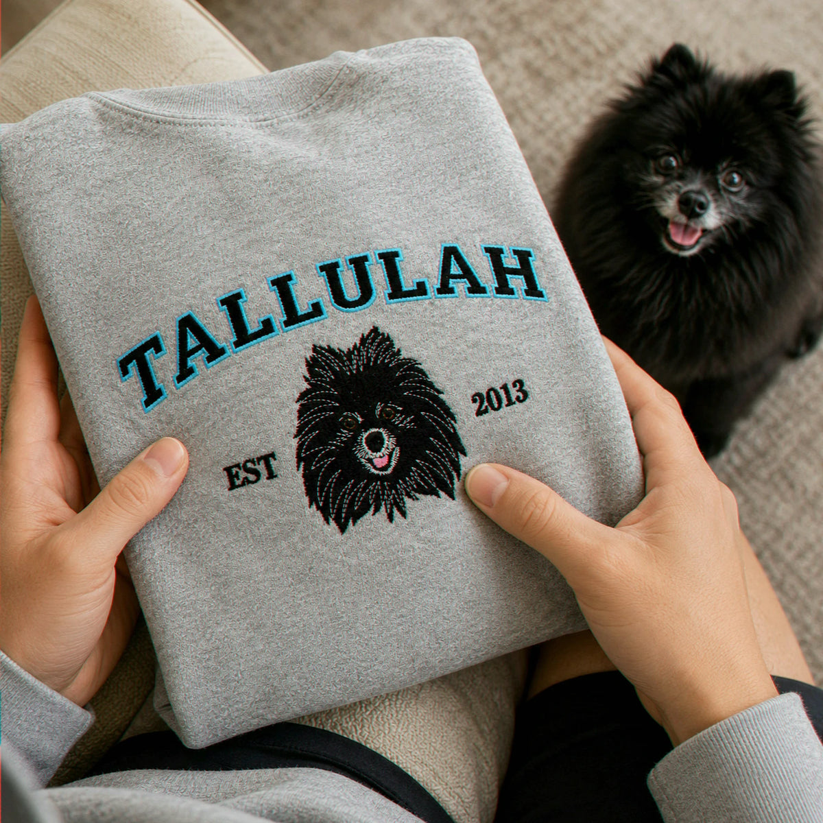 Custom Dog Portrait Sweatshirt for Birthday Son - Embroidered Pet Photo Crewneck & Name - Gift for Him