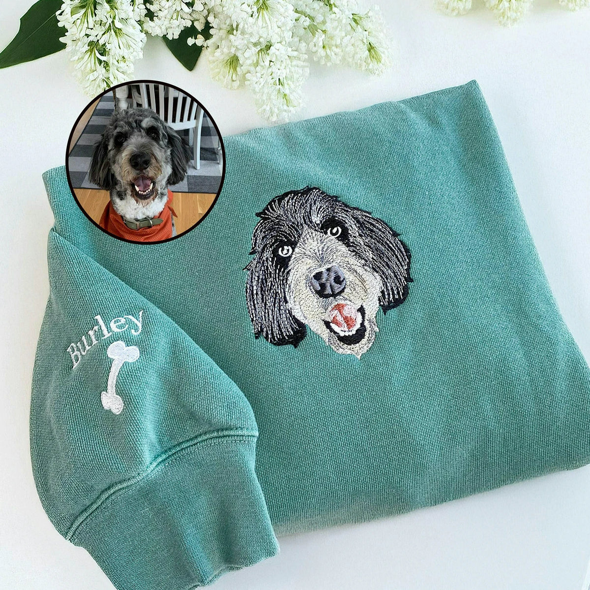 Custom Embroidered Pet Sweatshirt, Dog or Cat Portrait Gift for Pet Moms, Dog Mama Gift