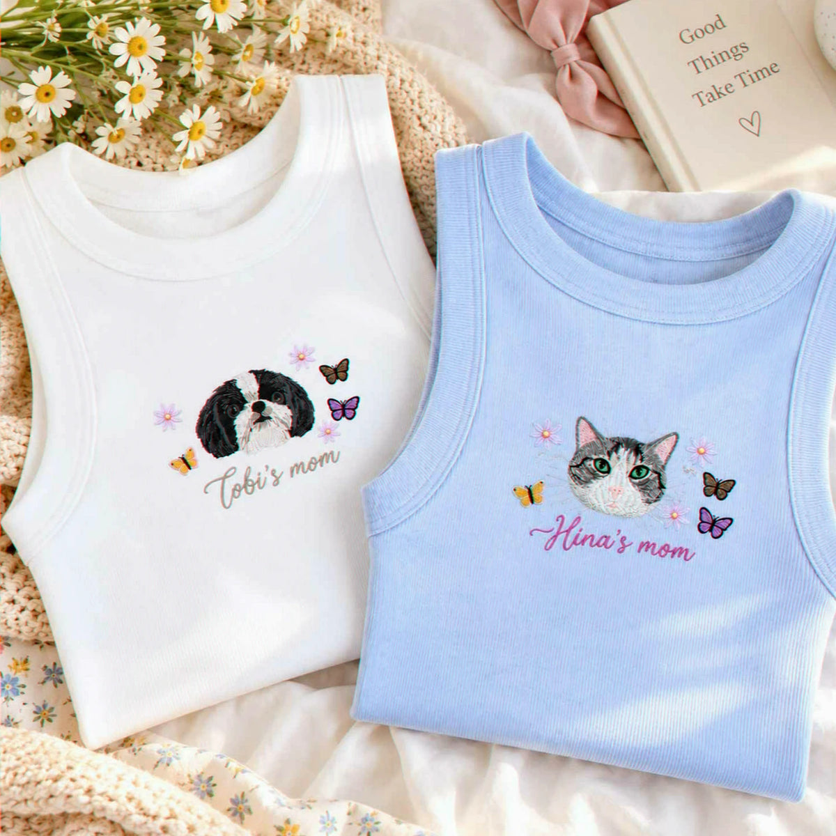 Custom Pet Tank Top, Embroidered Pet Portrait From Photo Tank, Dog Cat Baby Tee, Dog Gifts for Teen Girls
