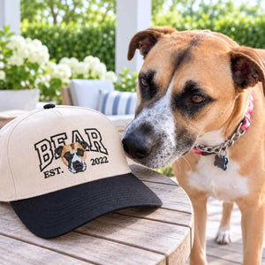 Custom Dog Photo Varsity Snapback Hat, Embroidered Dog Portrait with Est Year Cap, Christmas Gift for Dog Dad