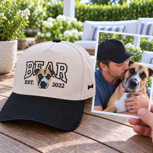 Custom Dog Photo Varsity Snapback Hat, Embroidered Dog Portrait with Est Year Cap, Christmas Gift for Dog Dad