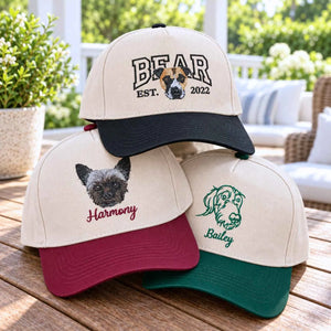Custom Dog Photo Varsity Snapback Hat, Embroidered Dog Portrait with Est Year Cap, Christmas Gift for Dog Dad